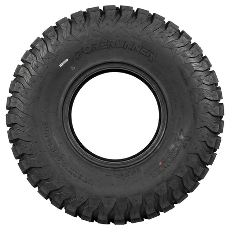 Full sidewall view of the 32x10.00R14 Forerunner XTrekker UTV and Side-by-Side tire, showcasing an attractive logo and sidewall design and integrated rim bead protector.