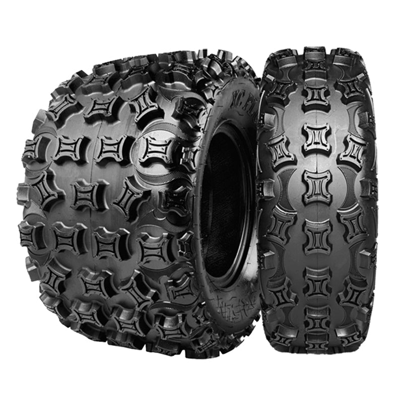 Front and rear ATV dogbone style ITP Holeshot style replacement tires by Arisun.