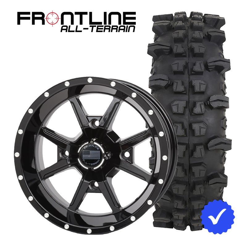 27 Inch Frontline 556 Gloss Black wheel and ACP UTV wheel and tire combo bundle.