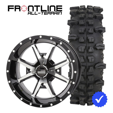 27 Inch Frontline 556 Black/Machined wheel and ACP UTV wheel and tire combo bundle.