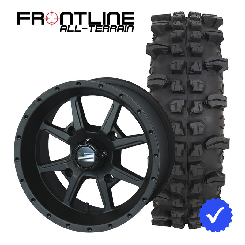 27 Inch Frontline 556 Matte Black wheel and ACP UTV wheel and tire combo bundle.