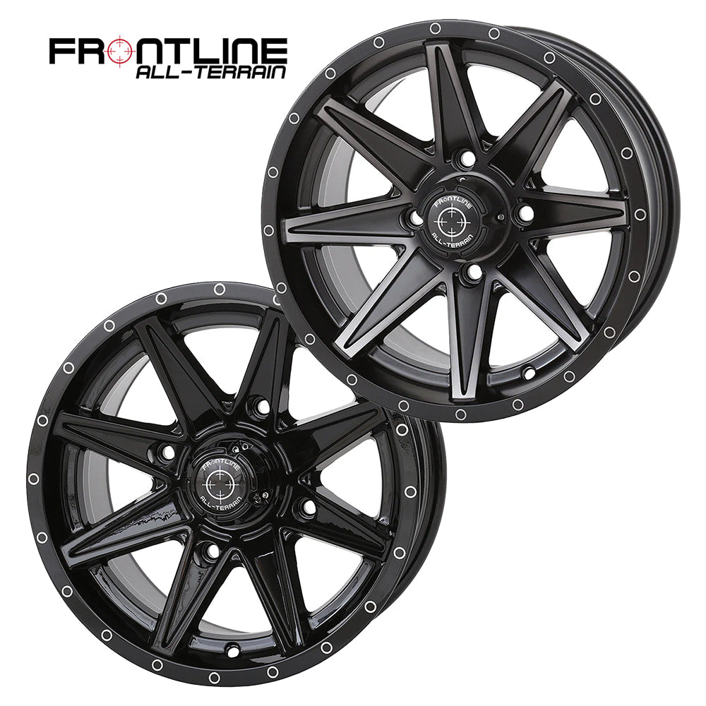 Matte Black Dark Tint and Gloss Black finishes on the Frontline 308 15" UTV wheel available in 4/137 and 4/156 bolt patterns with either 4+3 or 5+2 backspacing (+5 or +10mm), sold with fast and free shipping by Ride or Die Tire.