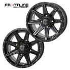 Matte Black Dark Tint and Gloss Black finishes on the Frontline 308 15" UTV wheel available in 4/137 and 4/156 bolt patterns with either 4+3 or 5+2 backspacing (+5 or +10mm), sold with fast and free shipping by Ride or Die Tire.