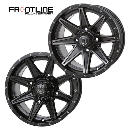 Matte Black Dark Tint and Gloss Black finishes on the Frontline 308 15" UTV wheel available in 4/137 and 4/156 bolt patterns with either 4+3 or 5+2 backspacing (+5 or +10mm), sold with fast and free shipping by Ride or Die Tire.