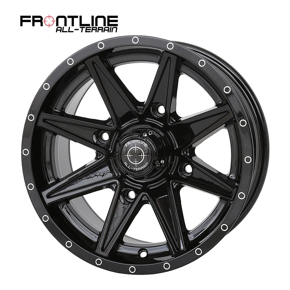 Gloss black Frontline 308 15" UTV wheel available in 4/137 and 4/156 bolt patterns with either 4+3 or 5+2 backspacing (+5 or +10mm), sold with fast and free shipping by Ride or Die Tire.