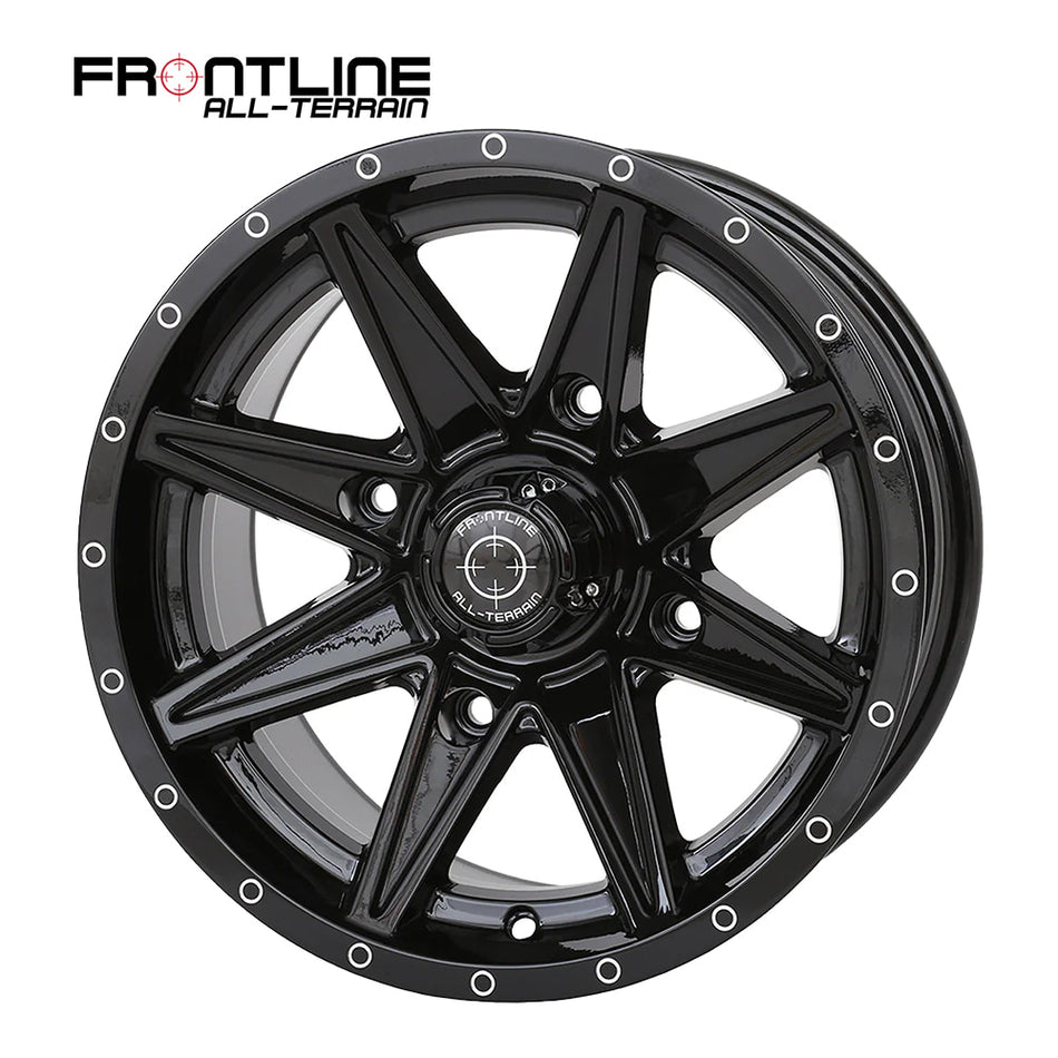 Gloss black Frontline 308 15" UTV wheel available in 4/137 and 4/156 bolt patterns with either 4+3 or 5+2 backspacing (+5 or +10mm), sold with fast and free shipping by Ride or Die Tire.