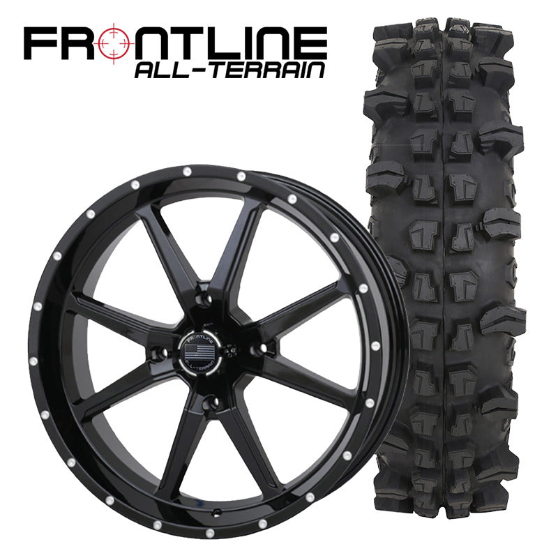 Set of 4 Frontline UTV and SXS wheel and tire combo includes 20" 556 model gloss black wheel paired with 33" tall ACP all-terrain radial 10-ply tire.