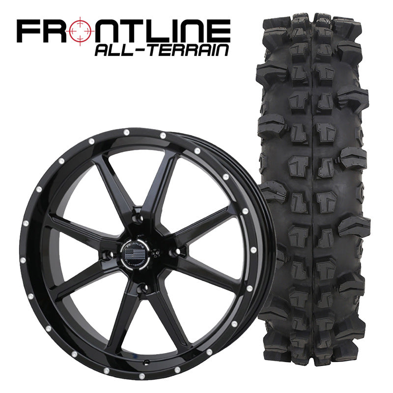 Set of 4 Frontline UTV and SXS wheel and tire combo includes 20" 556 model gloss black wheel paired with 35" tall ACP all-terrain radial 10-ply tire.
