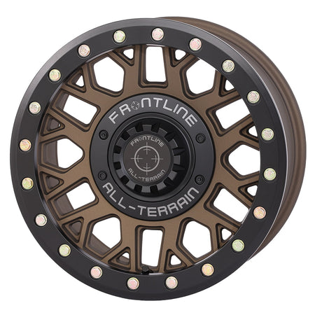 Angled view of the Brushed Bronze finish on the Frontline 454 15x7" UTV and SXS beadlock wheel, available in 4/137 and 4/156 dual bolt patterns as well as 5/4.5 bolt pattern, with 4+3 offset, sold with fast and free shipping by Ride or Die Tire.