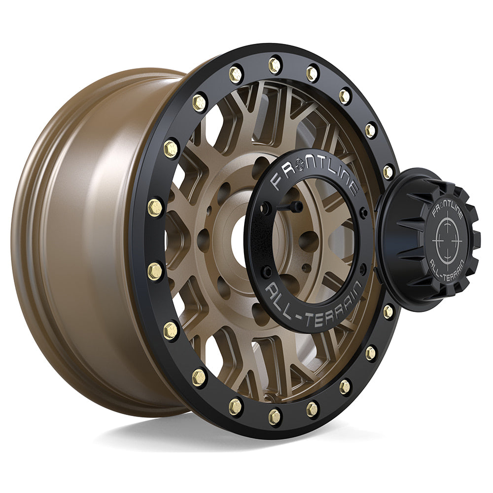 Exploded or expanded view of the Frontline 454 line of SXS awesome value beadlock wheels, showcasing the structural integrity, visual design, and solid and secure screw-in center caps.