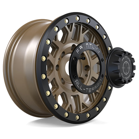 Exploded or expanded view of the Frontline 454 line of SXS awesome value beadlock wheels, showcasing the structural integrity, visual design, and solid and secure screw-in center caps.