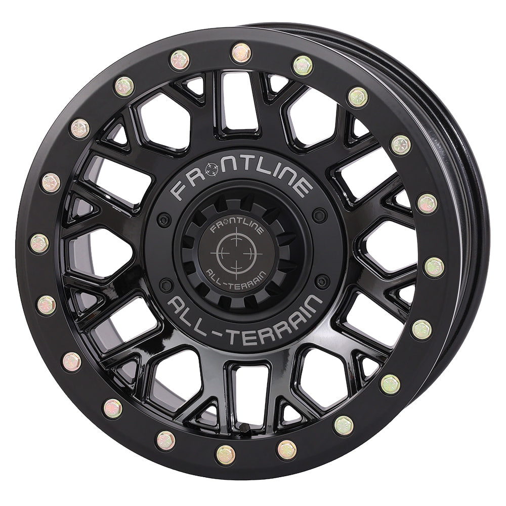 Angled view of the Gloss Black finish on the Frontline 454 15x7" UTV and SXS beadlock wheel, available in 4/137 and 4/156 dual bolt patterns as well as 5/4.5 bolt pattern, with 4+3 offset, sold with fast and free shipping by Ride or Die Tire.