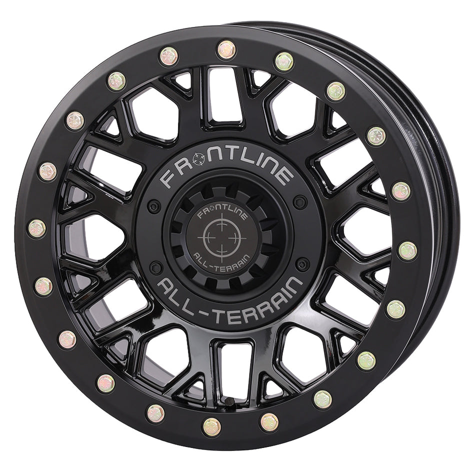 Angled view of the Gloss Black finish on the Frontline 454 15x7" UTV and SXS beadlock wheel, available in 4/137 and 4/156 dual bolt patterns as well as 5/4.5 bolt pattern, with 4+3 offset, sold with fast and free shipping by Ride or Die Tire.