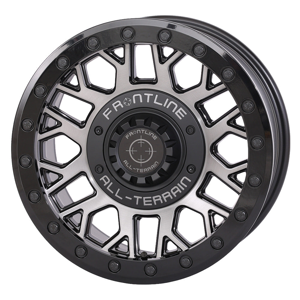 Angled view of the Gunmetal Gray finish on the Frontline 454 15x7" UTV and SXS beadlock wheel, available in 4/137 and 4/156 dual bolt patterns as well as 5/4.5 bolt pattern, with 4+3 offset, sold with fast and free shipping by Ride or Die Tire.