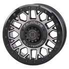 Angled view of the Gunmetal Gray finish on the Frontline 454 15x7" UTV and SXS beadlock wheel, available in 4/137 and 4/156 dual bolt patterns as well as 5/4.5 bolt pattern, with 4+3 offset, sold with fast and free shipping by Ride or Die Tire.