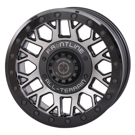 Angled view of the Gunmetal Gray finish on the Frontline 454 15x7" UTV and SXS beadlock wheel, available in 4/137 and 4/156 dual bolt patterns as well as 5/4.5 bolt pattern, with 4+3 offset, sold with fast and free shipping by Ride or Die Tire.