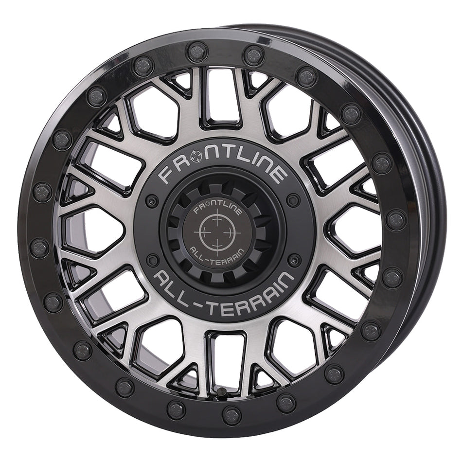 Angled view of the Gunmetal Gray finish on the Frontline 454 15x7" UTV and SXS beadlock wheel, available in 4/137 and 4/156 dual bolt patterns as well as 5/4.5 bolt pattern, with 4+3 offset, sold with fast and free shipping by Ride or Die Tire.