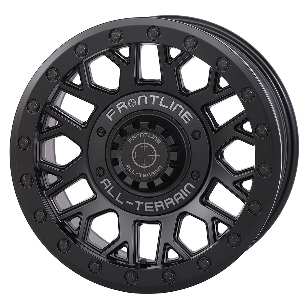Angled view of the Matte Black finish on the Frontline 454 15x7" UTV and SXS beadlock wheel, available in 4/137 and 4/156 dual bolt patterns as well as 5/4.5 bolt pattern, with 4+3 offset, sold with fast and free shipping by Ride or Die Tire.