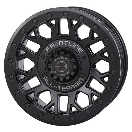 Angled view of the Matte Black finish on the Frontline 454 15x7" UTV and SXS beadlock wheel, available in 4/137 and 4/156 dual bolt patterns as well as 5/4.5 bolt pattern, with 4+3 offset, sold with fast and free shipping by Ride or Die Tire.