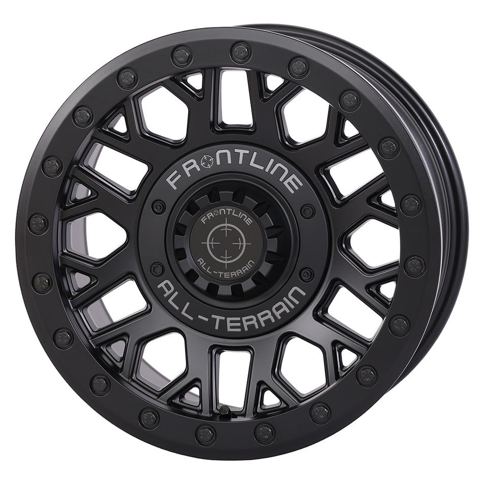 Angled view of the Matte Black finish on the Frontline 454 15x7" UTV and SXS beadlock wheel, available in 4/137 and 4/156 dual bolt patterns as well as 5/4.5 bolt pattern, with 4+3 offset, sold with fast and free shipping by Ride or Die Tire.