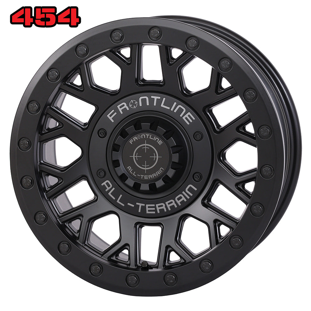 Main product image of the Matte Black finish on the Frontline 454 15x7" UTV and SXS beadlock wheel, available in 4/137 and 4/156 dual bolt patterns as well as 5/4.5 bolt pattern, with 4+3 offset.