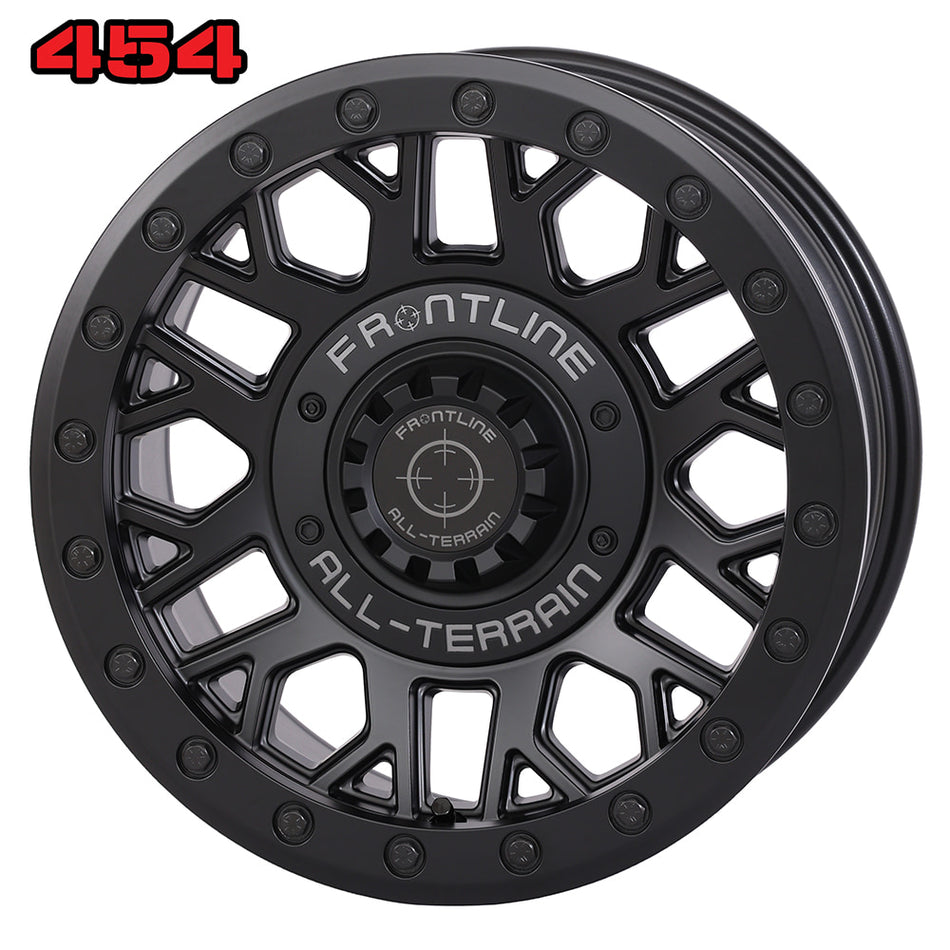 Main product image of the Matte Black finish on the Frontline 454 15x7" UTV and SXS beadlock wheel, available in 4/137 and 4/156 dual bolt patterns as well as 5/4.5 bolt pattern, with 4+3 offset.