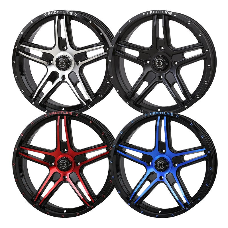 20" and 22" Frontline 505 model UTV and SXS wheels available in matte black, machined black, red, and blue finishes.