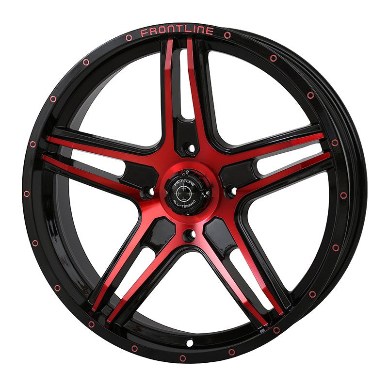 Angled view of 20" Frontline 505 wheel in dynamic red finish.