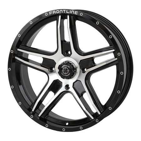 Angled view of 20" Frontline 505 wheel in black and machined aluminum finish.