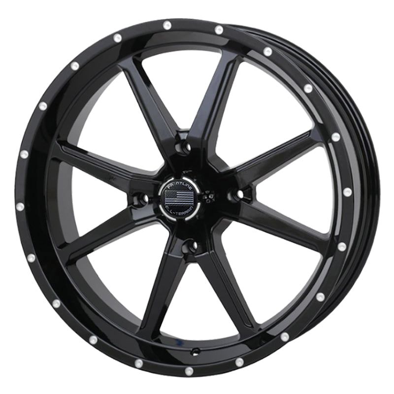 Angled view of the model 556 UTV and SXS wheel in gloss black finish and 20" diameter.