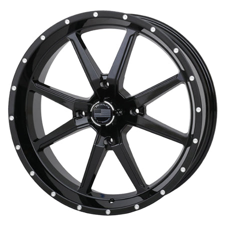 Angled view of the 20x6.5 Frontline 556 UTV wheel in gloss black finish.