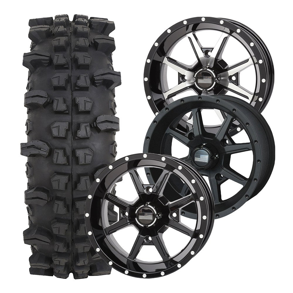 Frontline 556 14" UTV wheel and ACP Tire combo packages, available in 3 different wheel finishes.