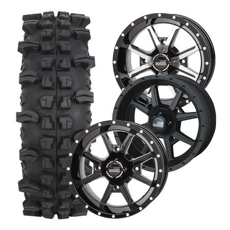 Frontline 556 14" UTV wheel and ACP Tire combo packages, available in 3 different wheel finishes.