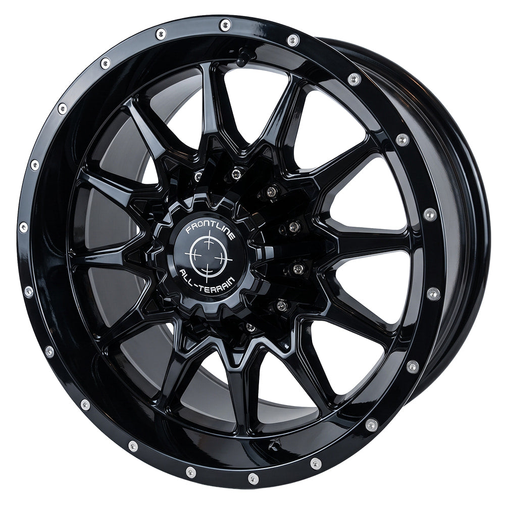 Angled view of the 14x7 and 15x7 gloss black Frontline 762 UTV and SXS wheel, showcasing a clean 12-spoke design as well as a lifetime warranty and sold with fast and free shipping. 