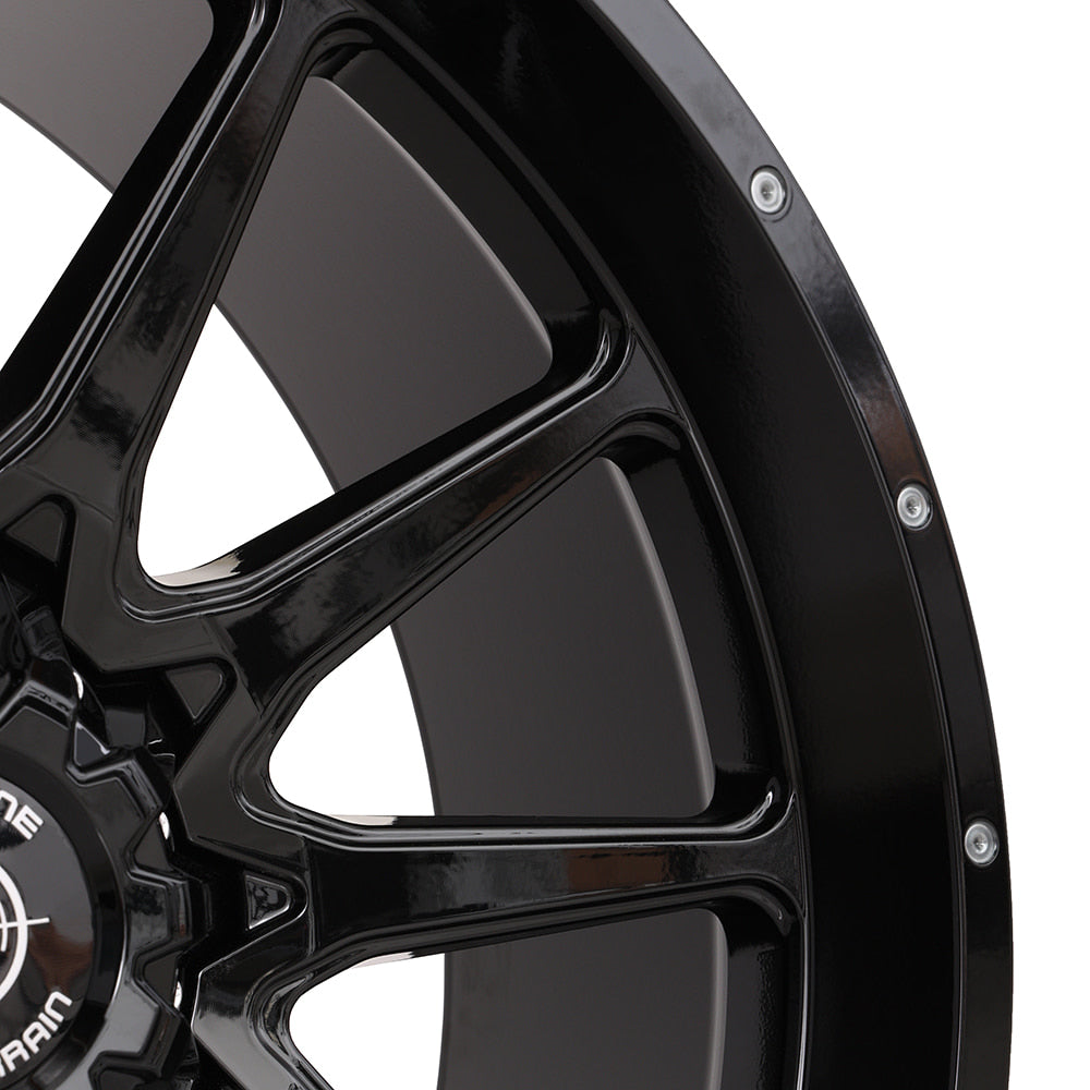 Close-up detailed view of the Frontline 762 model sxs and utv wheel in gloss black finish, available in a dual-bolt pattern configuration as well as 5x4.5, sold by authorized Frontline dealer Ride or Die Tire.