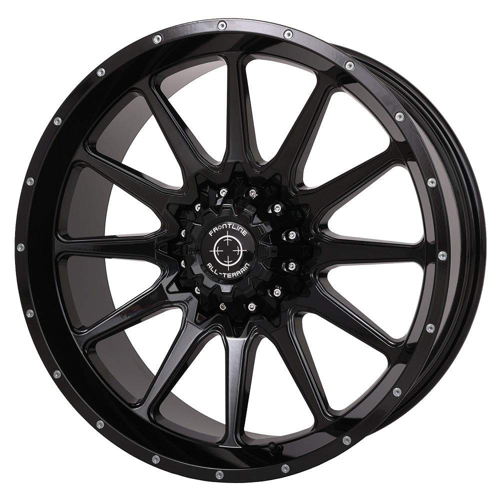 Angled view of the 20x8 zero-offset gloss black Frontline 762 UTV and SXS wheel, showcasing a clean 12-spoke design as well as a lifetime warranty and sold with fast and free shipping. 