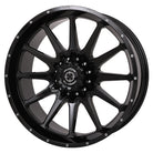 Angled view of the 20x8 zero-offset gloss black Frontline 762 UTV and SXS wheel, showcasing a clean 12-spoke design as well as a lifetime warranty and sold with fast and free shipping. 