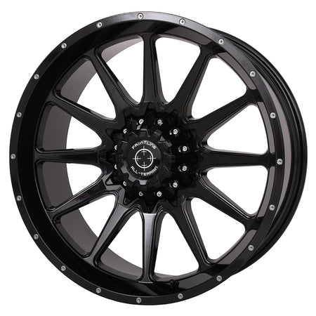Angled view of the 20x8 zero-offset gloss black Frontline 762 UTV and SXS wheel, showcasing a clean 12-spoke design as well as a lifetime warranty and sold with fast and free shipping. 