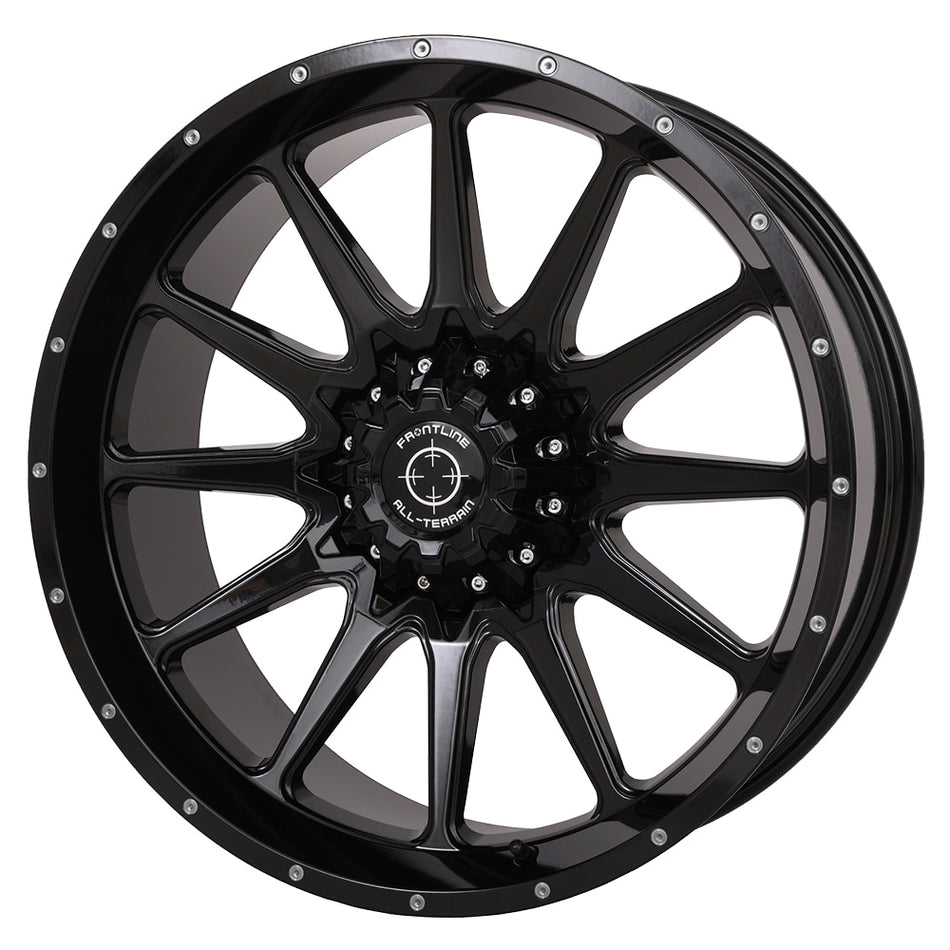 Angled view of the 20x8 zero-offset gloss black Frontline 762 UTV and SXS wheel, showcasing a clean 12-spoke design as well as a lifetime warranty and sold with fast and free shipping. 