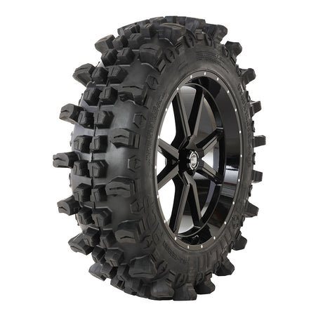 Angled view of the Frontline ACP 10-ply All-terrain radial UTV SXS tire in 40x12r24 size and 24" 556 gloss black UTV SXS wheel.