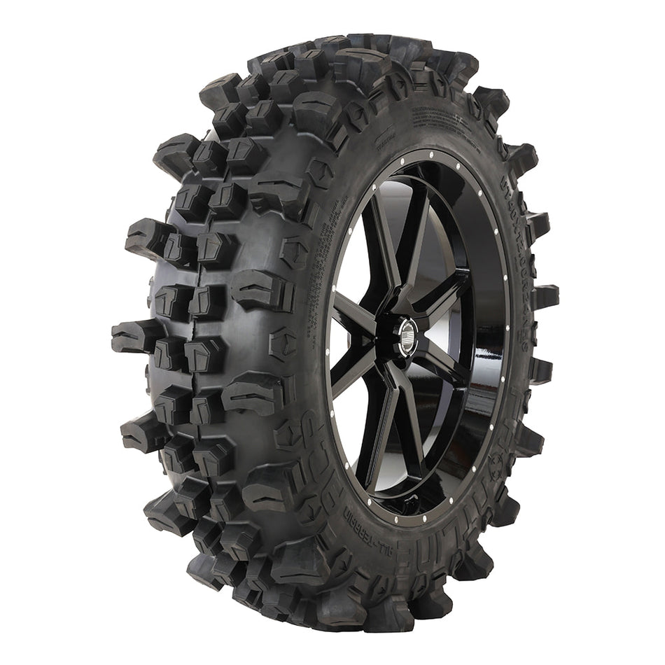Angled view of the Frontline ACP 10-ply All-terrain radial UTV SXS tire in 40x12r24 size and 24" 556 gloss black UTV SXS wheel.