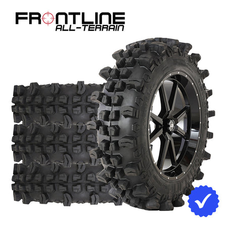 Set of 4 Frontline UTV and SXS wheel and tire combo includes 24" 556 model gloss black wheel paired with 40" tall ACP all-terrain radial 10-ply tire.