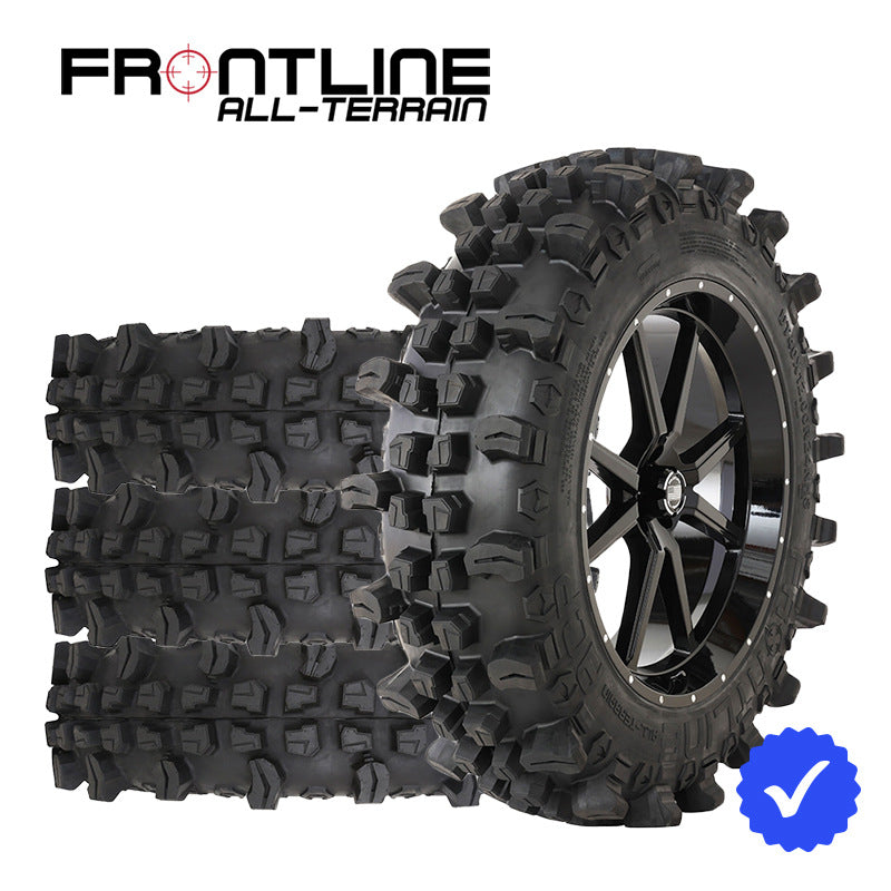 Set of 4 Frontline UTV and SXS wheel and tire combo includes 24" 556 model gloss black wheel paired with 40" tall ACP all-terrain radial 10-ply tire.
