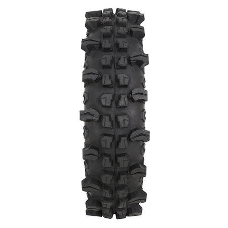 Tread pattern and design features of the high performance Frontline ACP UTV/SXS tire, displaying widely spaced lugs which excel in wet and muddy conditions.