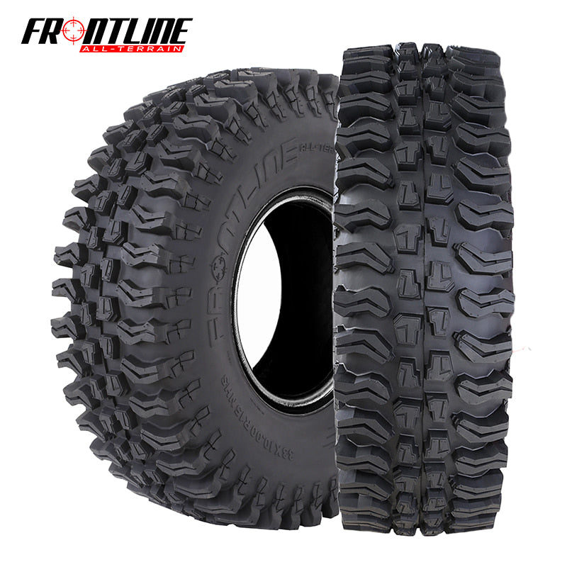 Tread view and angled view of the high performance Frontline All Terrain BDC 10-ply Radial UTV and SXS tire, ensuring a smooth ride and elite traction for all terrains, sold by Ride or Die Tire with Free Shipping to the Continguous USA.