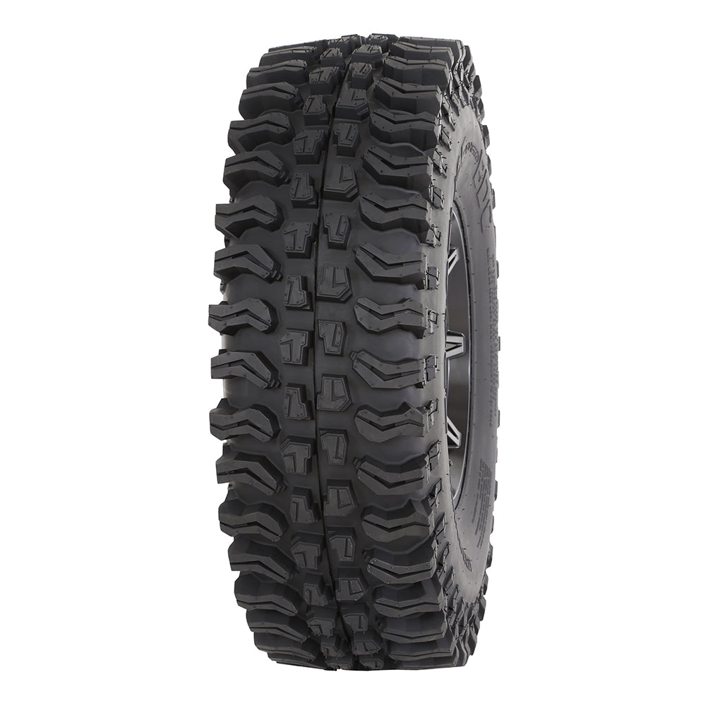 Tread close-up of aggressive all-terrain Frontline BDC SxS and UTV 10-ply Radial tire by Legacy Distributing.