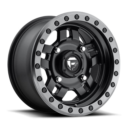 Fuel Anza D557 UTV wheel in matte black with gunmetal ring, angled front view, 14x7 / 15x7