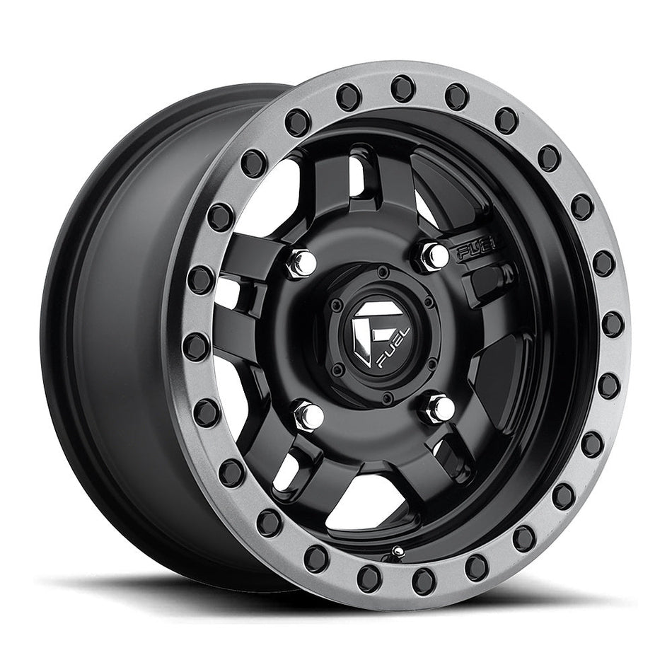 Fuel Anza D557 UTV wheel in matte black with gunmetal ring, angled front view, 14x7 / 15x7