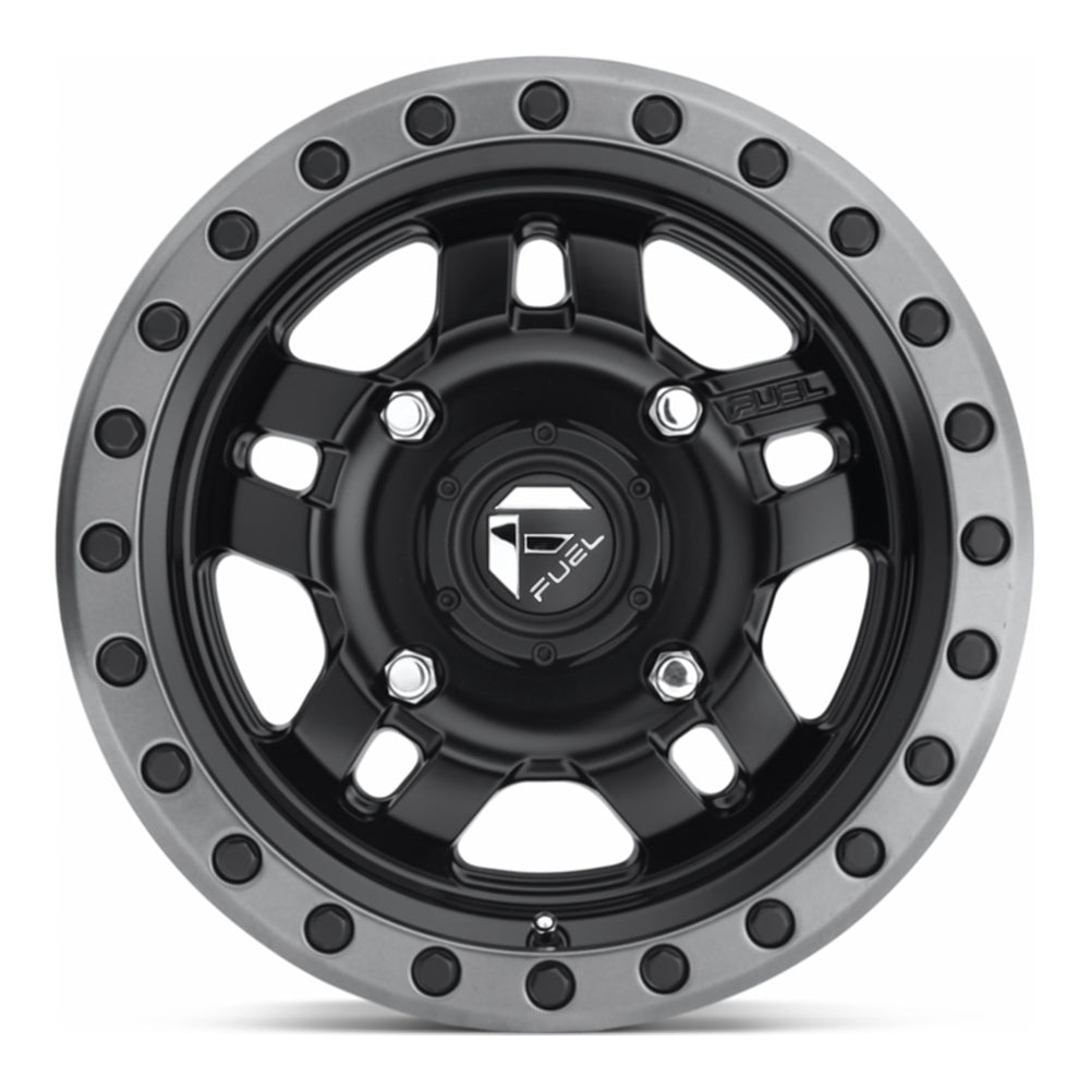 Fuel Anza D557 UTV wheel in matte black with gunmetal ring, straight-on face view