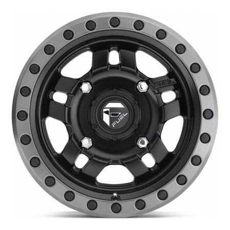 Fuel Anza D557 UTV wheel in matte black with gunmetal ring, straight-on face view